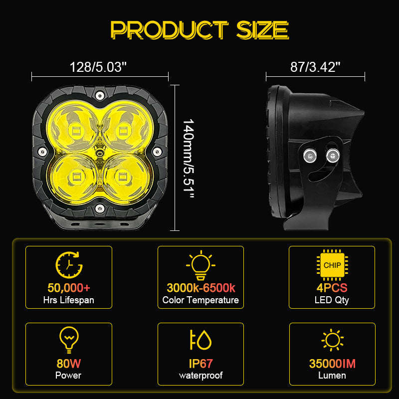 Super bright 5 Inch 80W Yellow/White  Spot/PODs Driving Light Spotlight LED - One Year warranty