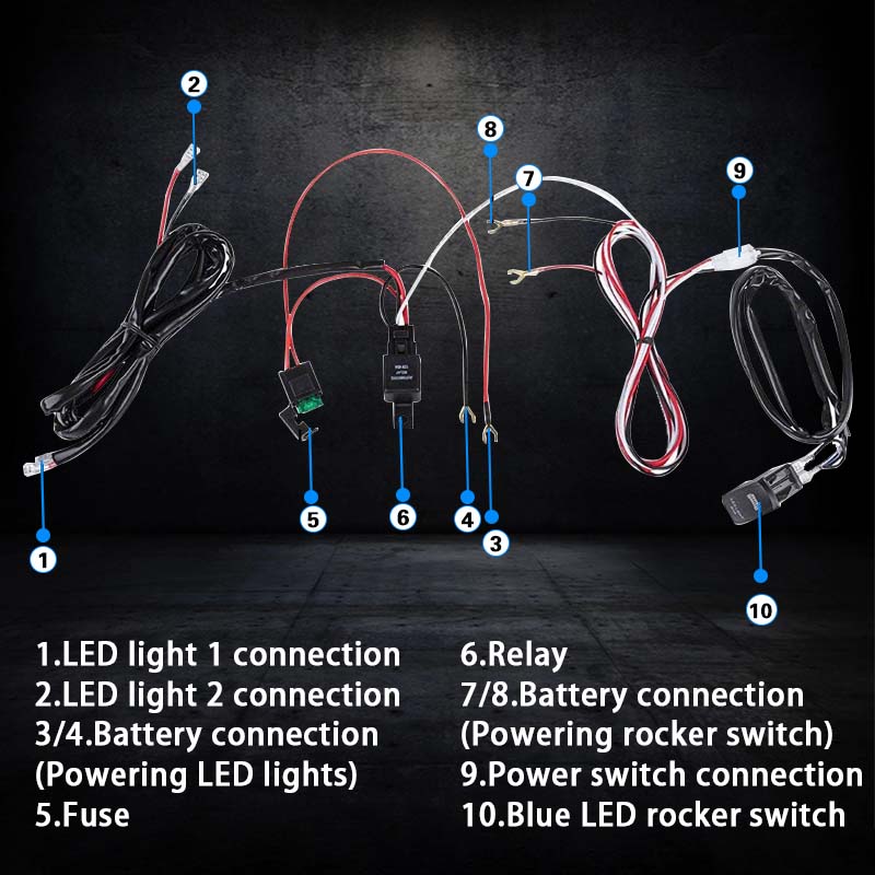 2 Leads Harness For Lights With On/Off Switch 300Watts 16AWG wires - 12Volts/24Volts - Relay/Fuse Included