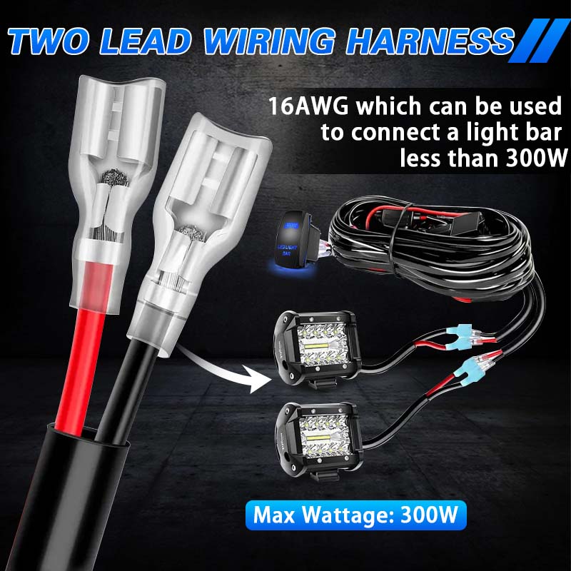 2 Leads Harness For Lights With On/Off Switch 300Watts 16AWG wires - 12Volts/24Volts - Relay/Fuse Included