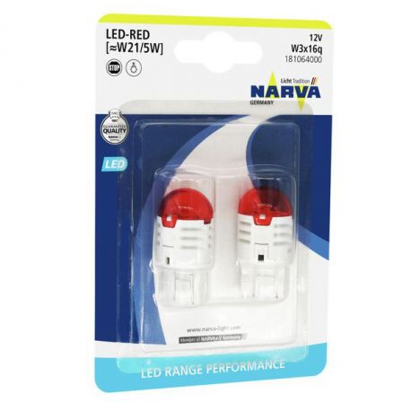 W21W/5W - Narva Range Performance LED Break Bulbs - RED/White - Germany
