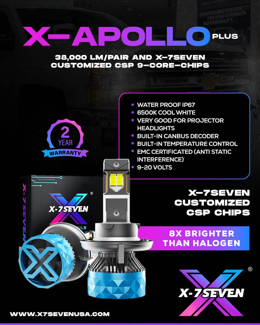 H7 - X-7Seven Apollo Plus Series LED Headlights - USA - 6500k Colour - One Year Warranty - For Mercedes/Alsvin/BMW/Tucson