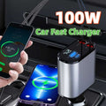 4 In 1 Retractable Car Charger 100Watts i Phone + C Type With Volts Display - Grey Black