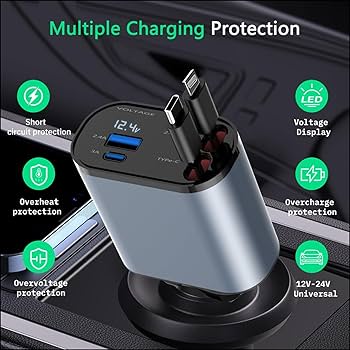 4 In 1 Retractable Car Charger 100Watts i Phone + C Type With Volts Display - Grey Black