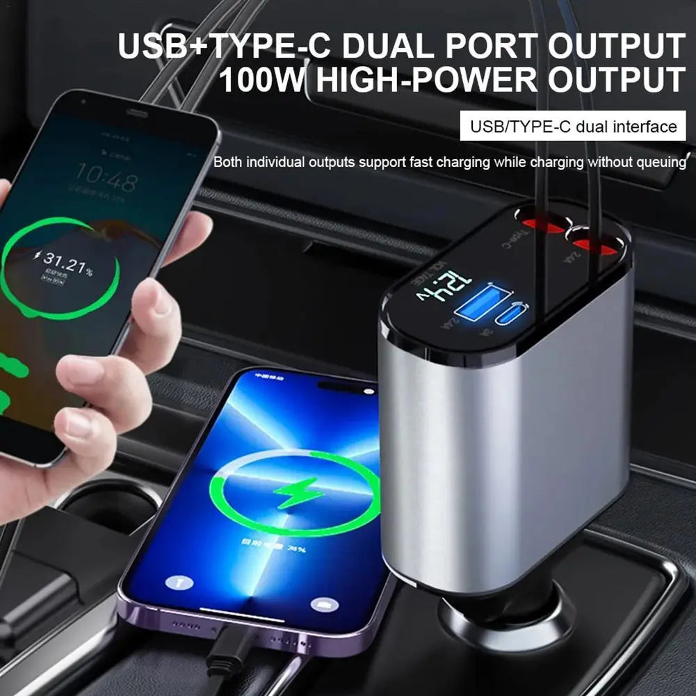4 In 1 Retractable Car Charger 100Watts i Phone + C Type With Volts Display - Grey Black