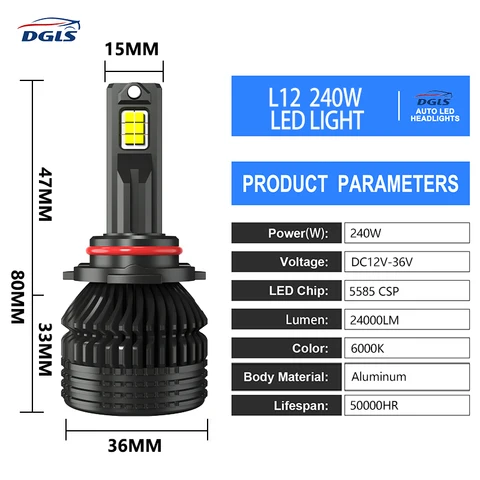 H11/H16/H8 - DGLS Most Famous LED Headlights For Low Beam and Fog lights - 240 Watts - 40000Lumens pair - One Year Warranty