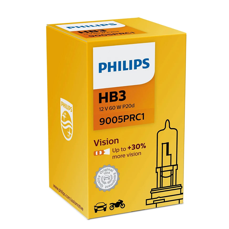 Hb3(9005) - Philips Vision +30% Headlight Bulbs - For High Beam - 1 Pair