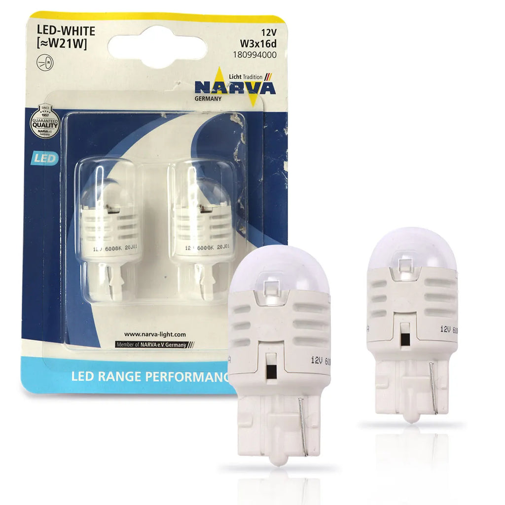 W21W/5W - Narva Range Performance LED Break Bulbs - RED/White - Germany